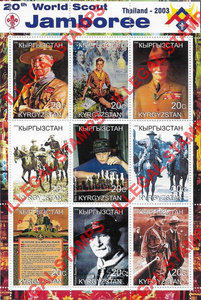 Kyrgyzstan 2000 20th World Scout Jamboree 2003 Stamp Exhibit Baden Powell Illegal Stamp Sheetlet of Nine Kyrgyzstan 2000 20th World Scout Jamboree 2003 Stamp Exhibit Baden Powell Illegal Stamp Sheetlet of Nine