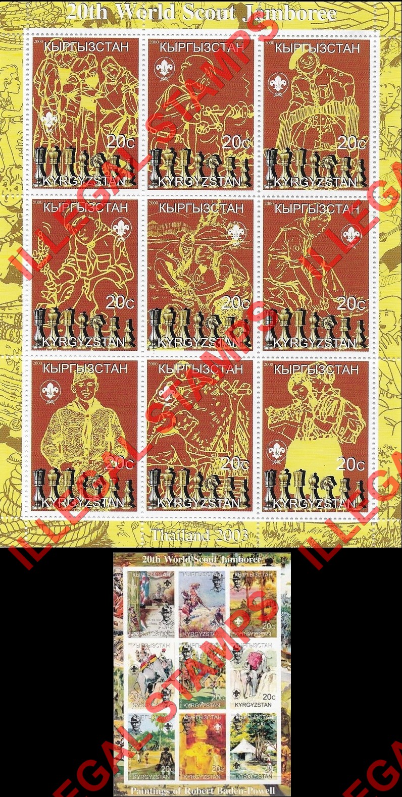 Kyrgyzstan 2000 20th World Scout Jamboree 2003 Stamp Exhibit Chess and Baden Powell Paintings Illegal Stamp Sheetlets of Nine Kyrgyzstan 2000 20th World Scout Jamboree 2003 Stamp Exhibit Chess and Baden Powell Paintings Illegal Stamp Sheetlets of Nine