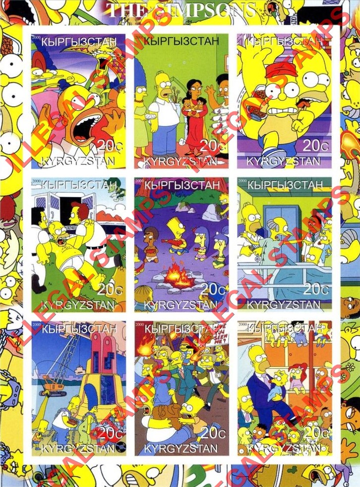 Kyrgyzstan 2000 The Simpsons Illegal Stamp Sheetlet of Nine Kyrgyzstan 2000 The Simpsons Illegal Stamp Sheetlet of Nine