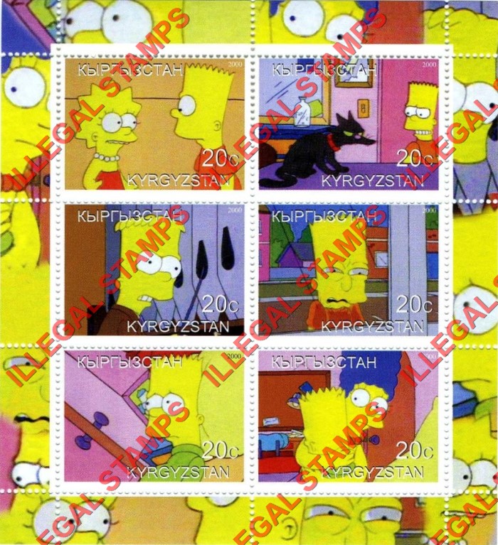 Kyrgyzstan 2000 The Simpsons Illegal Stamp Sheetlet of Six Kyrgyzstan 2000 The Simpsons Illegal Stamp Sheetlet of Six