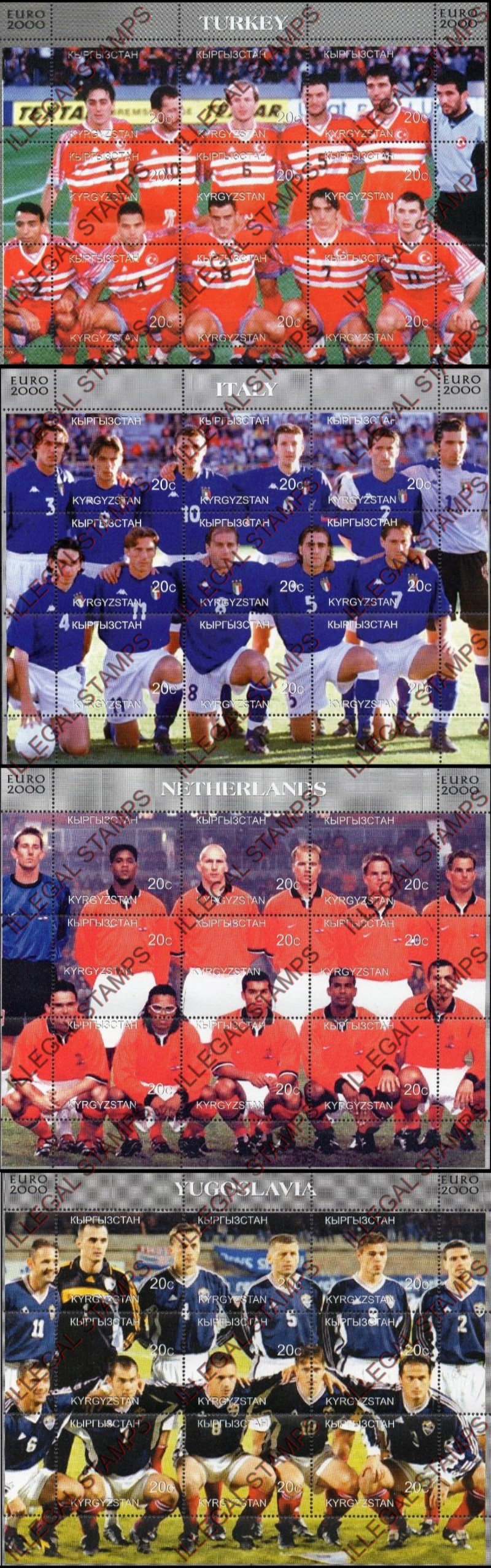 Kyrgyzstan 2000 Soccer (Football) EURO Illegal Stamp Sheetlets of Nine Kyrgyzstan 2000 Soccer (Football) EURO Illegal Stamp Sheetlets of Nine