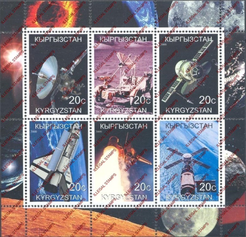 Kyrgyzstan 2000 Space Exploration Illegal Stamp Sheetlet of Six Kyrgyzstan 2000 Space Exploration Illegal Stamp Sheetlet of Six