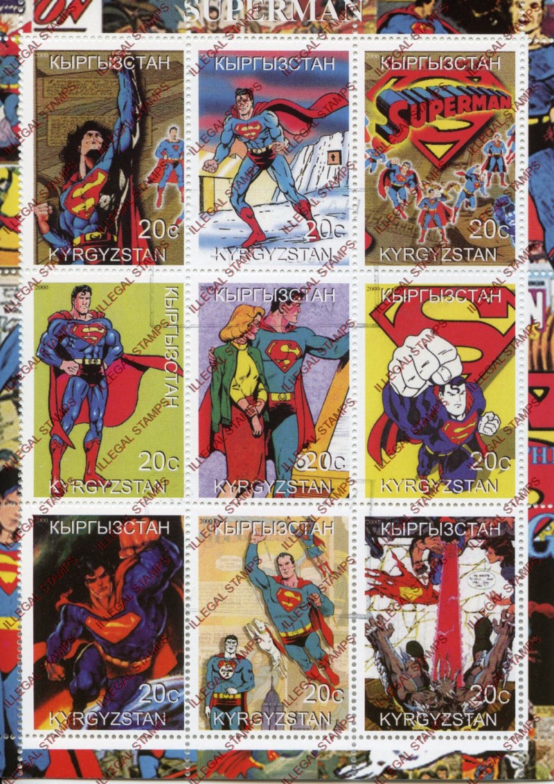 Kyrgyzstan 2000 Superman Illegal Stamp Sheetlet of Nine Kyrgyzstan 2000 Superman Illegal Stamp Sheetlet of Nine