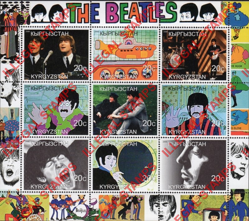 Kyrgyzstan 2000 The Beatles Illegal Stamp Sheetlet of Nine Kyrgyzstan 2000 The Beatles Illegal Stamp Sheetlet of Nine