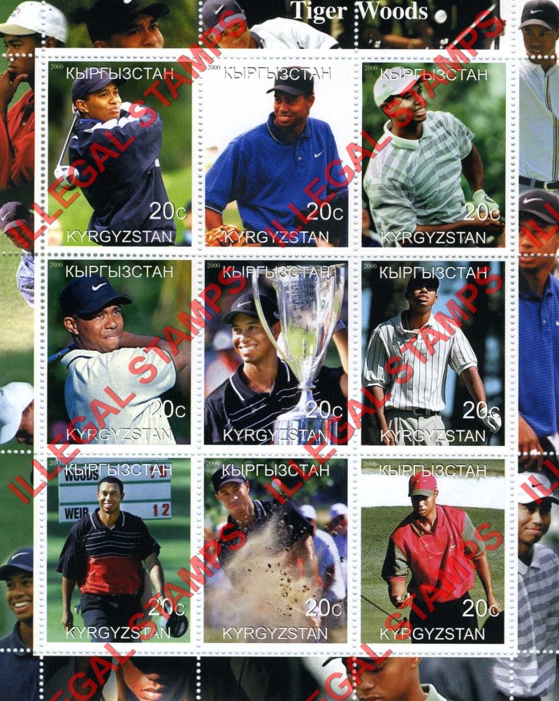 Kyrgyzstan 2000 Tiger Woods Golf Illegal Stamp Sheetlet of Nine Kyrgyzstan 2000 Tiger Woods Golf Illegal Stamp Sheetlet of Nine