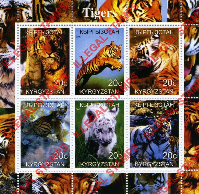 Kyrgyzstan 2000 Tigers Illegal Stamp Sheetlet of Six Kyrgyzstan 2000 Tigers Illegal Stamp Sheetlet of Six