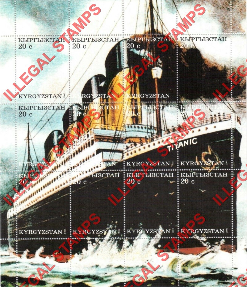 Kyrgyzstan 2000 Titanic Illegal Stamp Sheetlet of Twelve Kyrgyzstan 2000 Titanic Illegal Stamp Sheetlet of Twelve