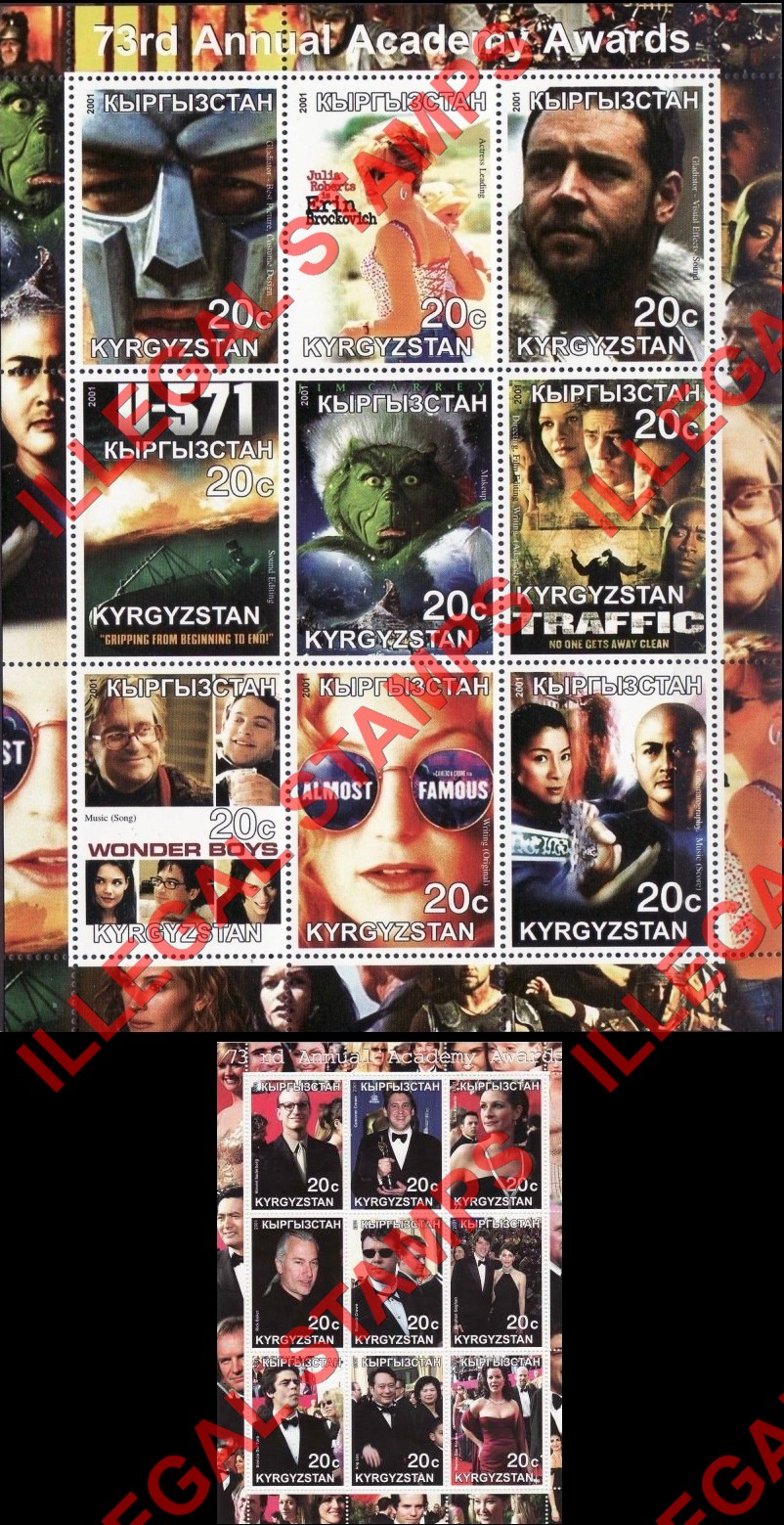 Kyrgyzstan 2001 73rd Academy Awards Illegal Stamp Sheetlets of Nine Kyrgyzstan 2001 73rd Academy Awards Illegal Stamp Sheetlets of Nine