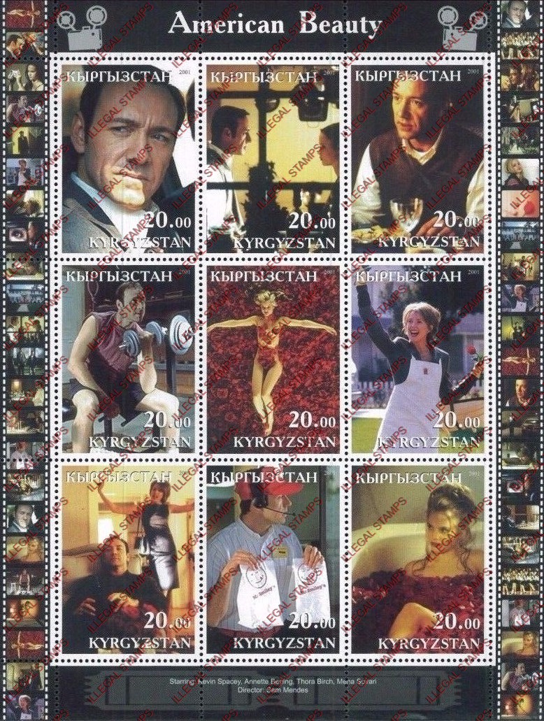 Kyrgyzstan 2001 American Beauty Illegal Stamp Sheetlet of Nine Kyrgyzstan 2001 American Beauty Illegal Stamp Sheetlet of Nine