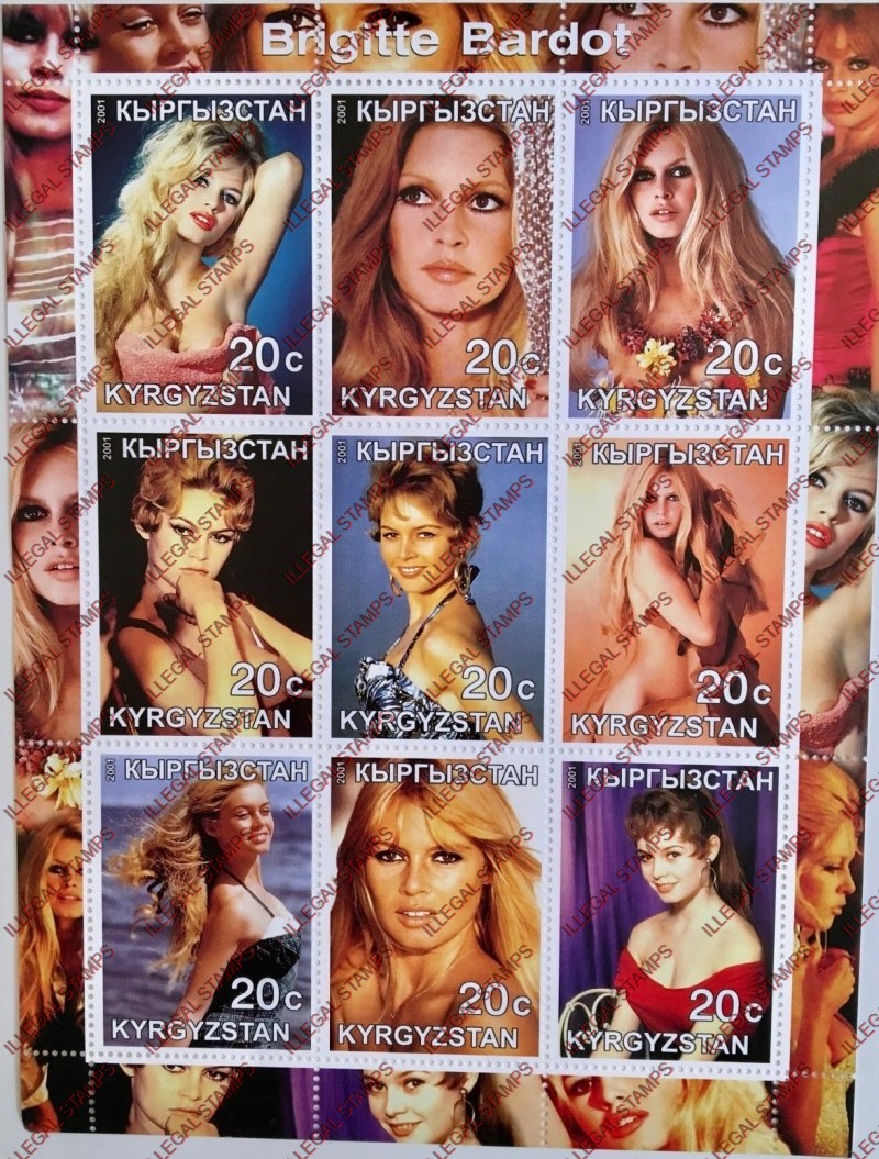 Kyrgyzstan 2001 Brigitte Bardot Illegal Stamp Sheetlet of Nine Kyrgyzstan 2001 Brigitte Bardot Illegal Stamp Sheetlet of Nine