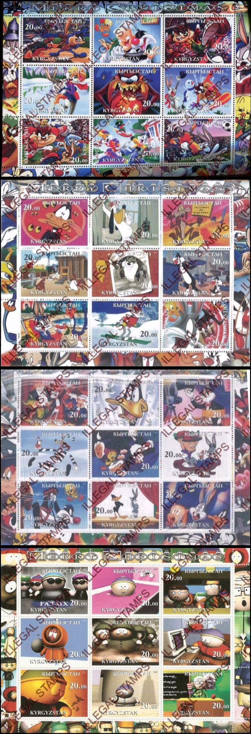 Kyrgyzstan 2001 Cartoons Merry Christmas Illegal Stamp Sheetlets of Nine Kyrgyzstan 2001 Cartoons Merry Christmas Illegal Stamp Sheetlets of Nine