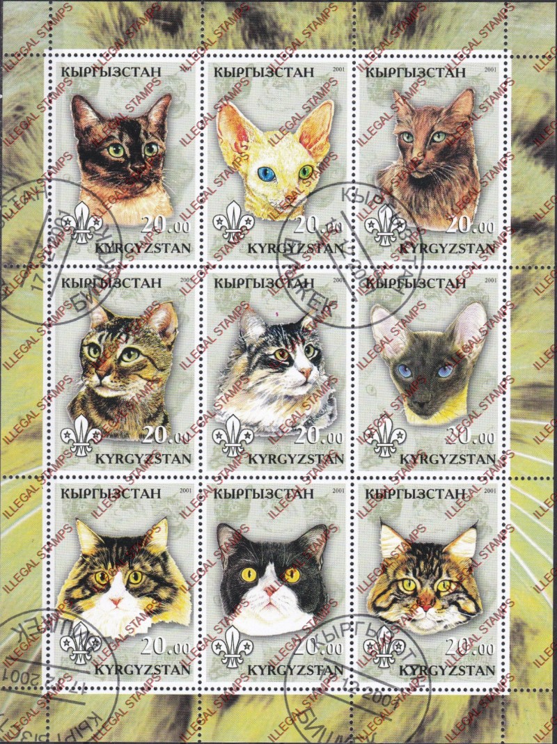 Kyrgyzstan 2001 Domestic Cats Illegal Stamp Sheetlet of Nine Kyrgyzstan 2001 Domestic Cats Illegal Stamp Sheetlet of Nine