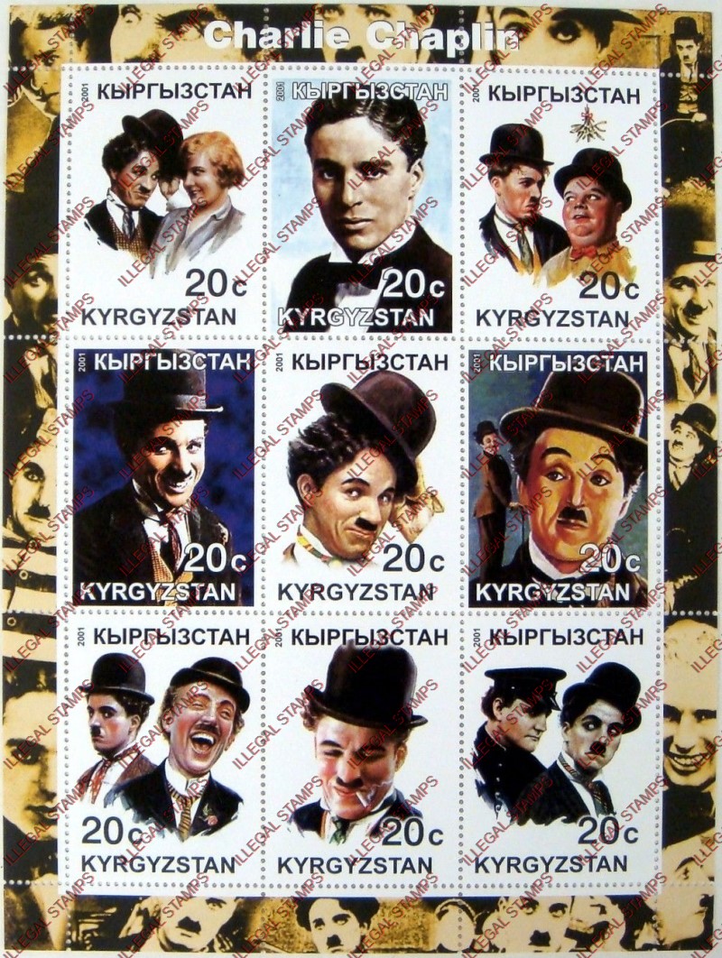 Kyrgyzstan 2001 Charlie Chaplin Illegal Stamp Sheetlet of Nine Kyrgyzstan 2001 Charlie Chaplin Illegal Stamp Sheetlet of Nine