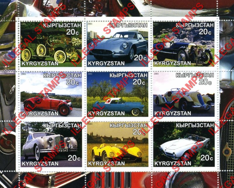 Kyrgyzstan 2001 Classic Cars Illegal Stamp Sheetlet of Nine Kyrgyzstan 2001 Classic Cars Illegal Stamp Sheetlet of Nine
