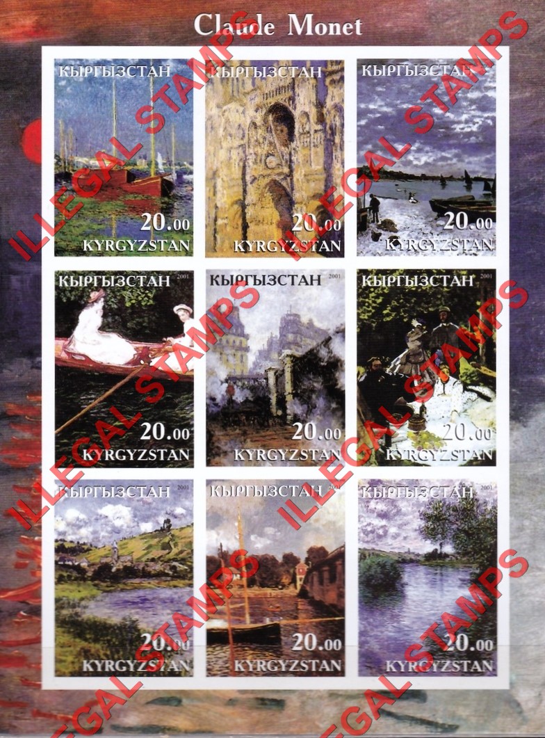 Kyrgyzstan 2001 Claude Monet Paintings Illegal Stamp Sheetlet of Nine Kyrgyzstan 2001 Claude Monet Paintings Illegal Stamp Sheetlet of Nine