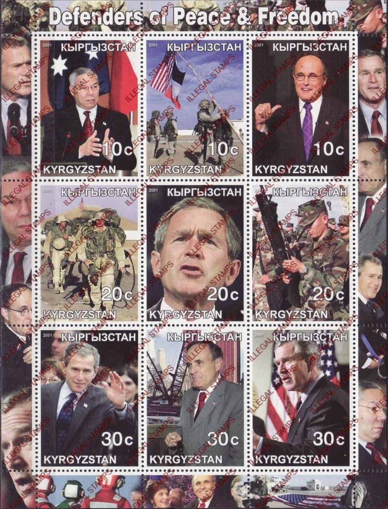 Kyrgyzstan 2001 Defenders George Bush Illegal Stamp Sheetlet of Nine Kyrgyzstan 2001 Defenders George Bush Illegal Stamp Sheetlet of Nine