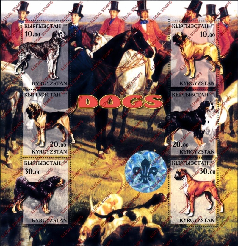 Kyrgyzstan 2001 Dogs Illegal Stamp Sheetlet of Six with Hologram Scouts Logo Kyrgyzstan 2001 Dogs Illegal Stamp Sheetlet of Six with Hologram Scouts Logo
