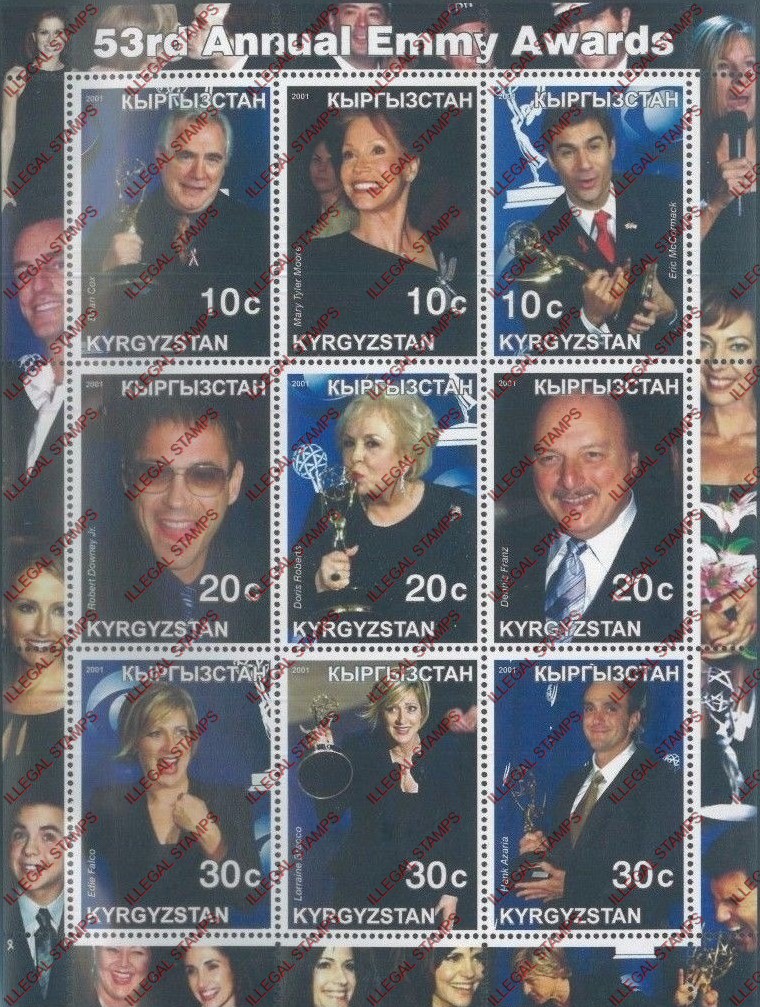 Kyrgyzstan 2001 53rd Annual Emmy Awards Illegal Stamp Sheetlet of Nine Kyrgyzstan 2001 53rd Annual Emmy Awards Illegal Stamp Sheetlet of Nine