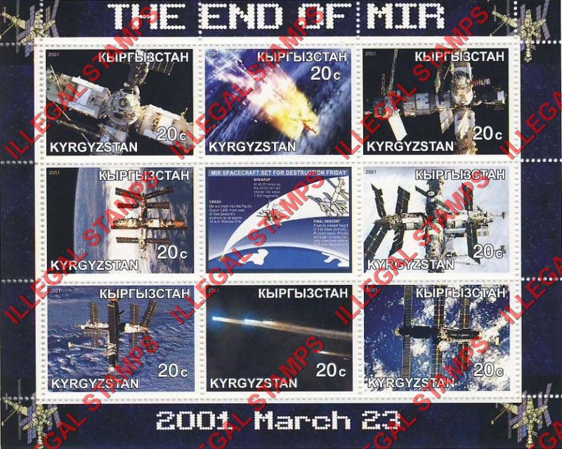 Kyrgyzstan 2001 End of Mir Space Station Illegal Stamp Sheetlet of Nine Kyrgyzstan 2001 End of Mir Space Station Illegal Stamp Sheetlet of Nine