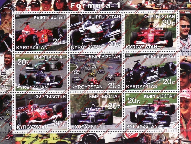 Kyrgyzstan 2001 Formula 1 Illegal Stamp Sheetlet of Nine Kyrgyzstan 2001 Formula 1 Illegal Stamp Sheetlet of Nine