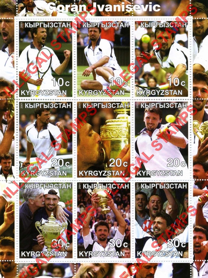 Kyrgyzstan 2001 Goran Ivanisevic Tennis Champion Illegal Stamp Sheetlet of Nine Kyrgyzstan 2001 Goran Ivanisevic Tennis Champion Illegal Stamp Sheetlet of Nine