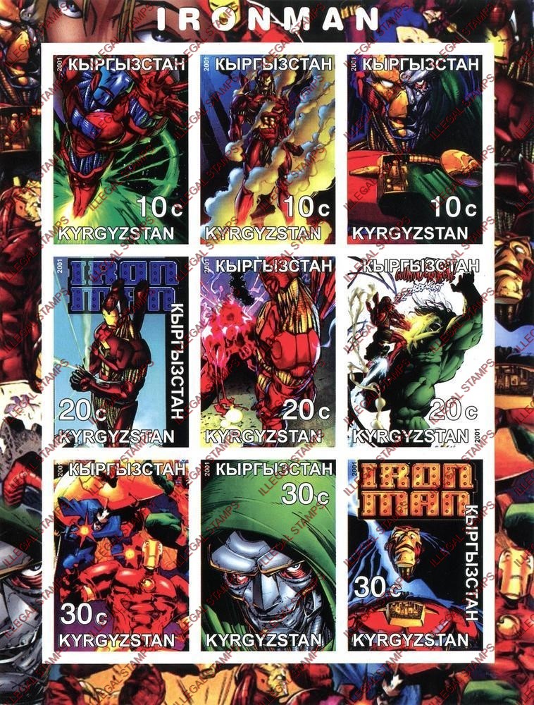 Kyrgyzstan 2001 Ironman Illegal Stamp Sheetlet of Nine Kyrgyzstan 2001 Ironman Illegal Stamp Sheetlet of Nine