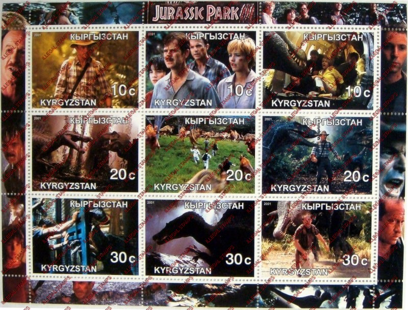 Kyrgyzstan 2001 Jurassic Park Illegal Stamp Sheetlet of Nine Kyrgyzstan 2001 Jurassic Park Illegal Stamp Sheetlet of Nine