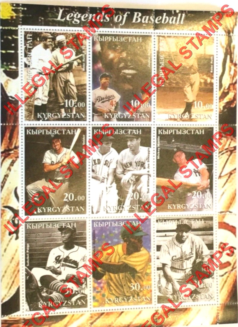 Kyrgyzstan 2001 Legends of Baseball Illegal Stamp Sheetlet of Nine Kyrgyzstan 2001 Legends of Baseball Illegal Stamp Sheetlet of Nine