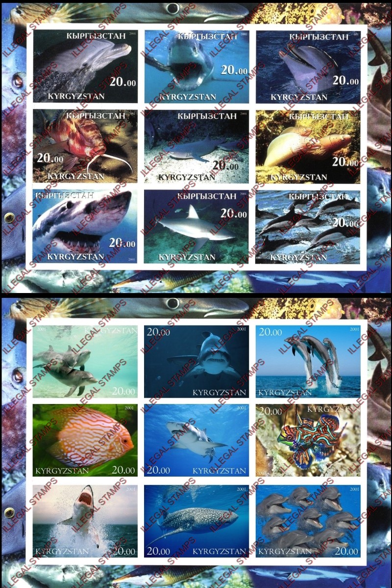 Kyrgyzstan 2001 Marine Life Illegal Stamp Sheetlets of Nine Kyrgyzstan 2001 Marine Life Illegal Stamp Sheetlets of Nine