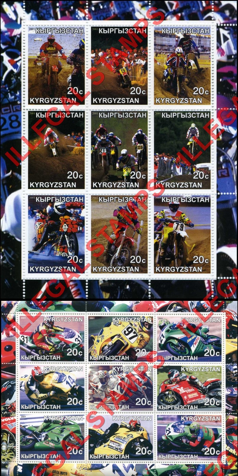 Kyrgyzstan 2001 Motorcycles Racing Illegal Stamp Sheetlets of Nine Kyrgyzstan 2001 Motorcycles Racing Illegal Stamp Sheetlets of Nine