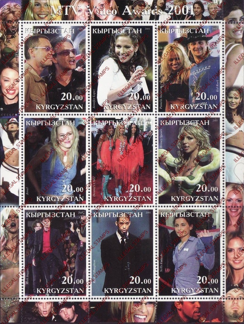 Kyrgyzstan 2001 MTV Video Awards Illegal Stamp Sheetlet of Nine Kyrgyzstan 2001 MTV Video Awards Illegal Stamp Sheetlet of Nine