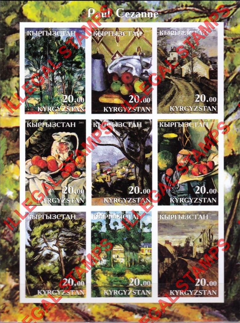 Kyrgyzstan 2001 Paul Cezanne Paintings Illegal Stamp Sheetlet of Nine Kyrgyzstan 2001 Paul Cezanne Paintings Illegal Stamp Sheetlet of Nine