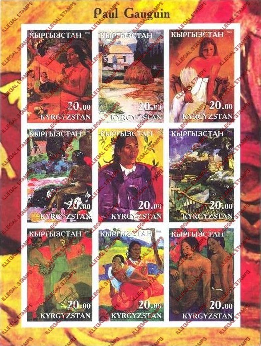 Kyrgyzstan 2001 Paul Gauguin Paintings Illegal Stamp Sheetlet of Nine Kyrgyzstan 2001 Paul Gauguin Paintings Illegal Stamp Sheetlet of Nine