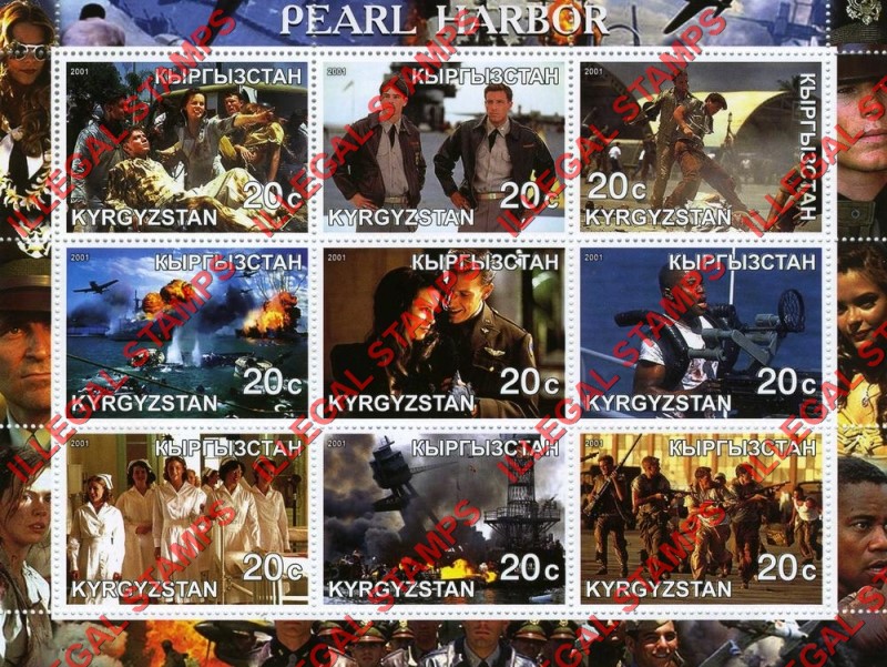 Kyrgyzstan 2001 Pearl Harbor Illegal Stamp Sheetlet of Nine Kyrgyzstan 2001 Pearl Harbor Illegal Stamp Sheetlet of Nine