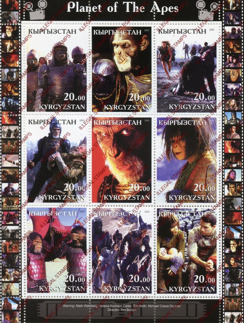 Kyrgyzstan 2001 Planet of the Apes Illegal Stamp Sheetlet of Nine Kyrgyzstan 2001 Planet of the Apes Illegal Stamp Sheetlet of Nine