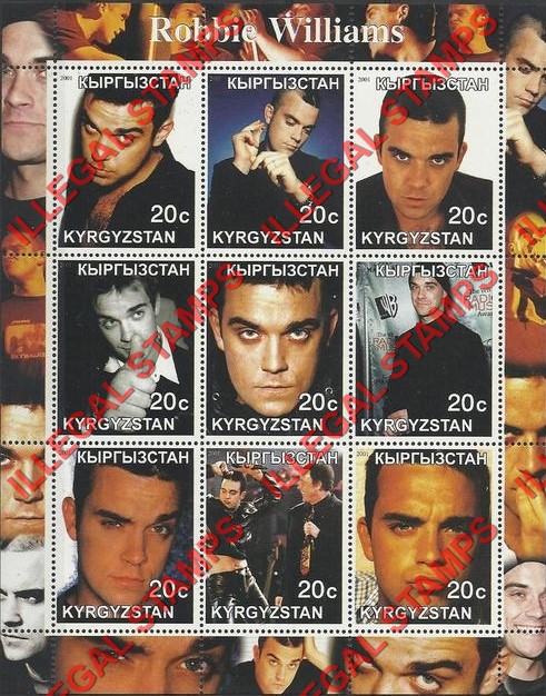 Kyrgyzstan 2001 Robbie Williams Illegal Stamp Sheetlet of Nine Kyrgyzstan 2001 Robbie Williams Illegal Stamp Sheetlet of Nine