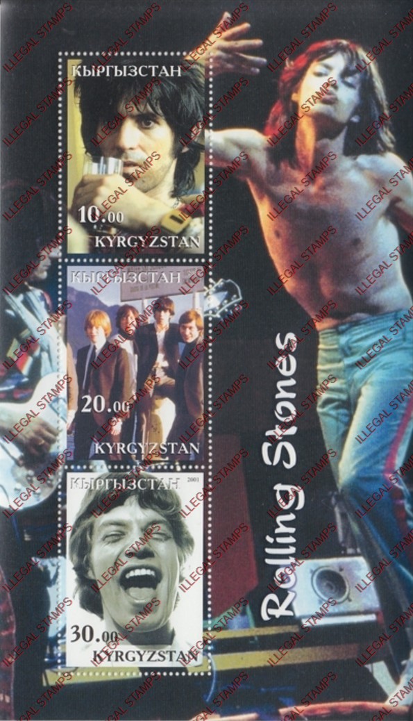 Kyrgyzstan 2001 Rolling Stones Illegal Stamp Souvenir Sheet of Three Kyrgyzstan 2001 Rolling Stones Illegal Stamp Souvenir Sheet of Three