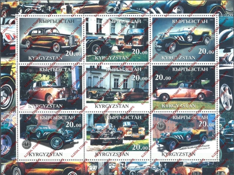 Kyrgyzstan 2001 Rolls Royce Classic Cars Illegal Stamp Sheetlet of Nine Kyrgyzstan 2001 Rolls Royce Classic Cars Illegal Stamp Sheetlet of Nine