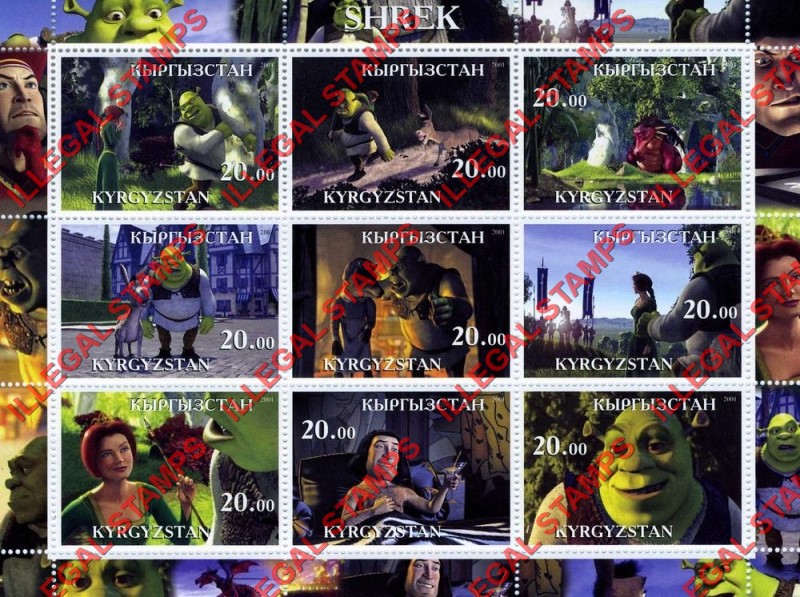 Kyrgyzstan 2001 Shrek Illegal Stamp Sheetlet of Nine Kyrgyzstan 2001 Shrek Illegal Stamp Sheetlet of Nine