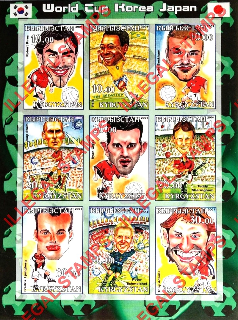 Kyrgyzstan 2001 World Cup Soccer (Football) Korea Japan Illegal Stamp Sheetlets of Nine (Sheet 1) Kyrgyzstan 2001 World Cup Soccer (Football) Korea Japan Illegal Stamp Sheetlets of Nine (Sheet 1)