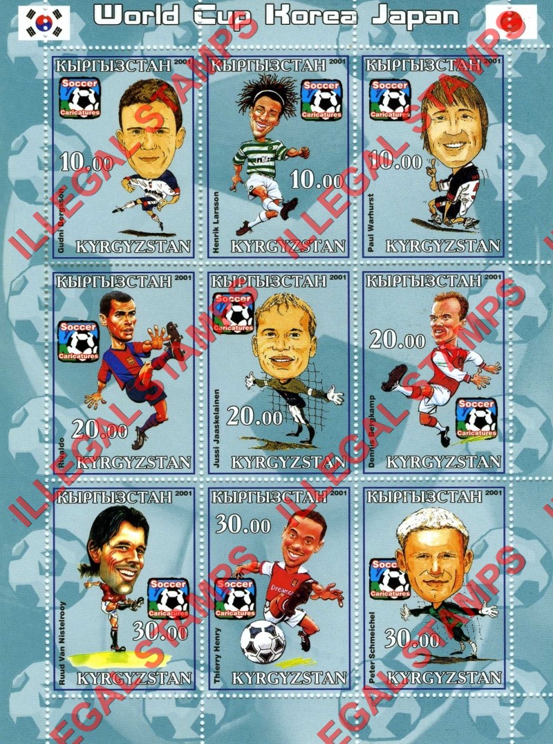 Kyrgyzstan 2001 World Cup Soccer (Football) Korea Japan Illegal Stamp Sheetlets of Nine (Sheet 2) Kyrgyzstan 2001 World Cup Soccer (Football) Korea Japan Illegal Stamp Sheetlets of Nine (Sheet 2)