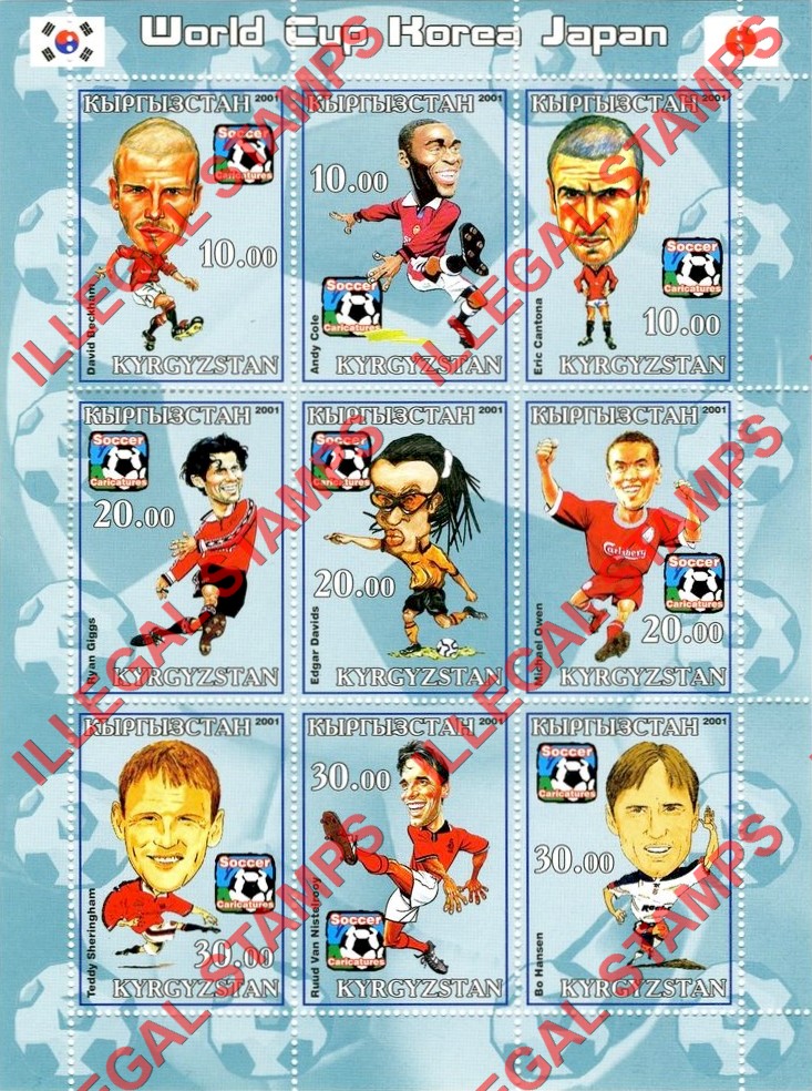 Kyrgyzstan 2001 World Cup Soccer (Football) Korea Japan Illegal Stamp Sheetlets of Nine (Sheet 3) Kyrgyzstan 2001 World Cup Soccer (Football) Korea Japan Illegal Stamp Sheetlets of Nine (Sheet 3)