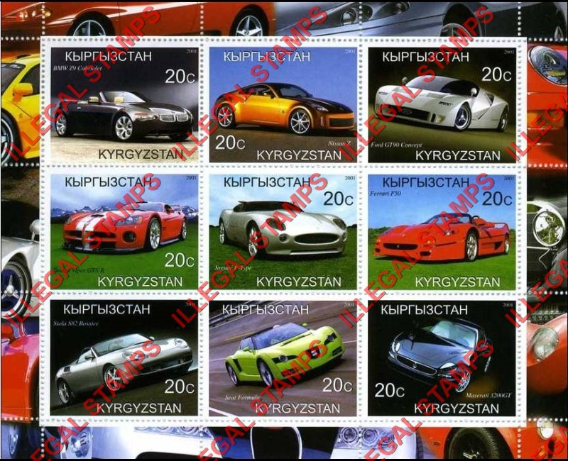 Kyrgyzstan 2001 Sport Cars Illegal Stamp Sheetlets of Nine Kyrgyzstan 2001 Sport Cars Illegal Stamp Sheetlets of Nine
