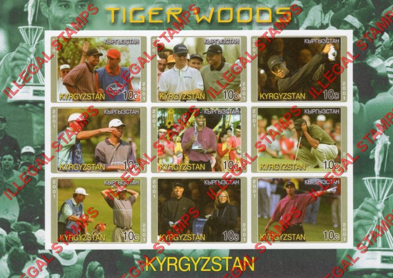 Kyrgyzstan 2001 Tiger Woods Golf Illegal Stamp Sheetlet of Nine Kyrgyzstan 2001 Tiger Woods Golf Illegal Stamp Sheetlet of Nine