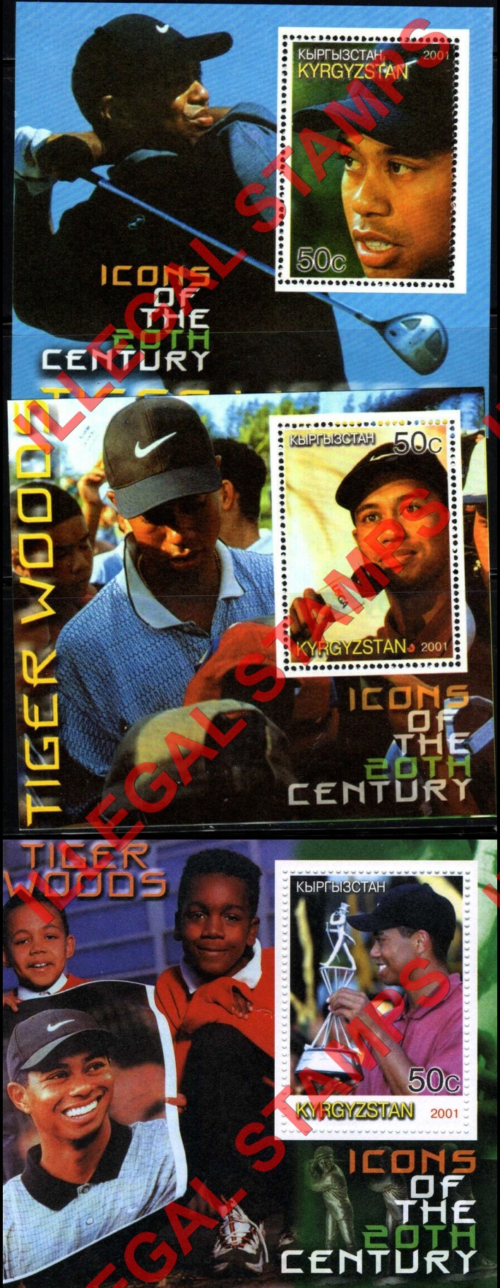 Kyrgyzstan 2001 Tiger Woods Illegal Stamp Souvenir Sheets of One Kyrgyzstan 2001 Tiger Woods Illegal Stamp Souvenir Sheets of One