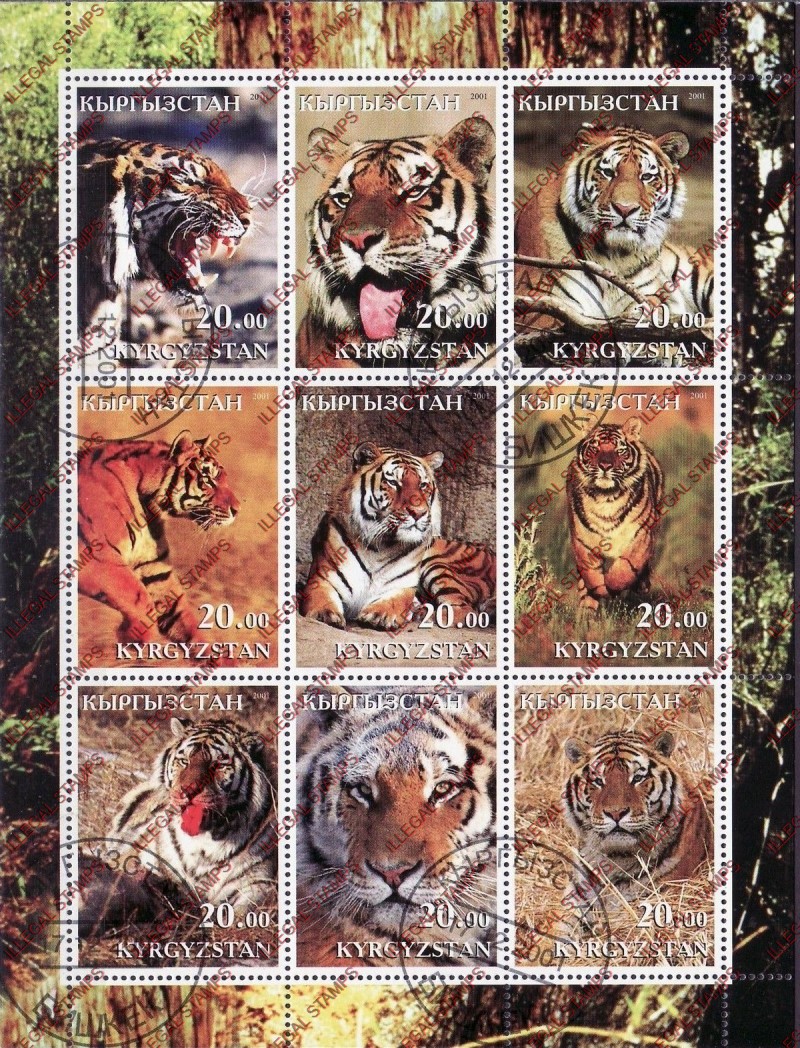 Kyrgyzstan 2001 Tigers Illegal Stamp Sheetlet of Nine Kyrgyzstan 2001 Tigers Illegal Stamp Sheetlet of Nine