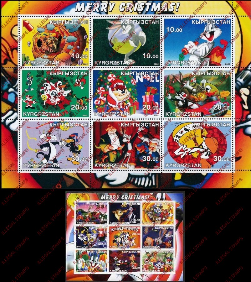 Kyrgyzstan 2002 Merry christmas Looney Tunes Cartoons Illegal Stamp Sheetlets of Nine Kyrgyzstan 2002 Merry christmas Looney Tunes Cartoons Illegal Stamp Sheetlets of Nine
