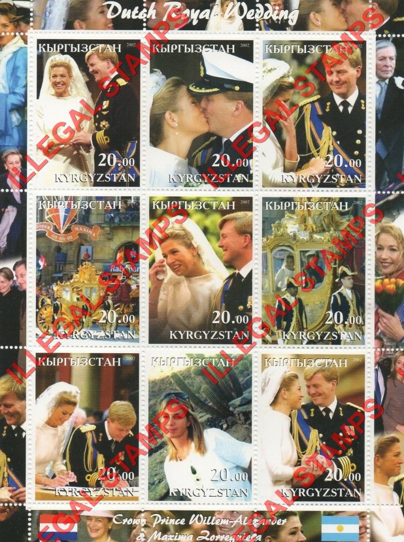 Kyrgyzstan 2002 Dutch Royal Wedding Illegal Stamp Sheetlet of Nine Kyrgyzstan 2002 Dutch Royal Wedding Illegal Stamp Sheetlet of Nine