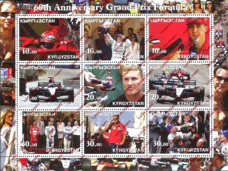 Kyrgyzstan 2002 60th Anniversary Grand Prix Formula 1 Illegal Stamp Sheetlet of Nine Kyrgyzstan 2002 60th Anniversary Grand Prix Formula 1 Illegal Stamp Sheetlet of Nine