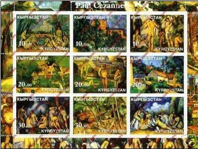 Kyrgyzstan 2002 Paul Cezanne Paintings Illegal Stamp Sheetlet of Nine